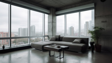 Living room decor, home interior design . Minimalist Contemporary style with Large window with city view decorated with Concrete and Wood material . Generative AI AIG26.の素材