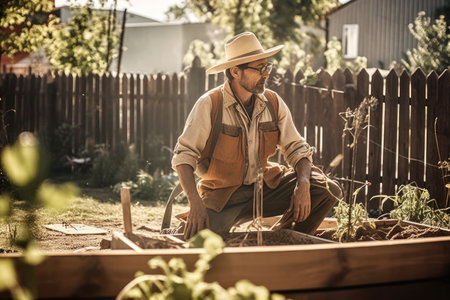 Male Native American 60s gardening in backyard plants overalls. Generative AI AIG23.の素材