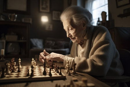 Female Caucasian elderly playing chess in living room activity. Generative AI AIG23.の素材