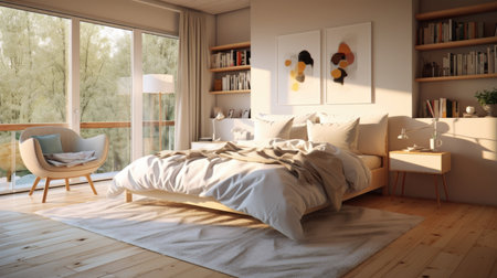 Bedroom decor, home interior design . Modern Minimal style with Bed decorated with Wood and Metal material . Generative AI AIG26.の素材