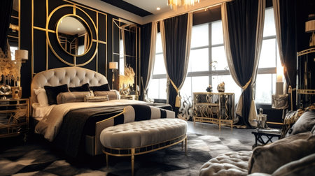 Bedroom decor, home interior design . Art Deco Glamorous style with Mirrored Vanity decorated with Marble and Velvet material . Generative AI AIG26.の素材