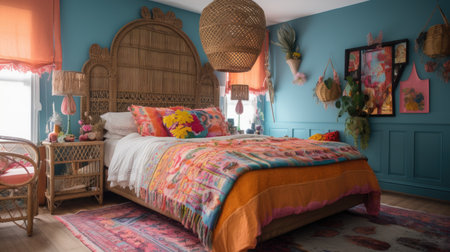 Bedroom decor, home interior design . Bohemian Eclectic style with Gallery Wall decorated with Rattan and Textiles material . Generative AI AIG26.の素材