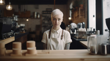 Smiling Caucasian female barista wearing apron standing in coffee shop looking at camera. Generative AI AIG21.の素材