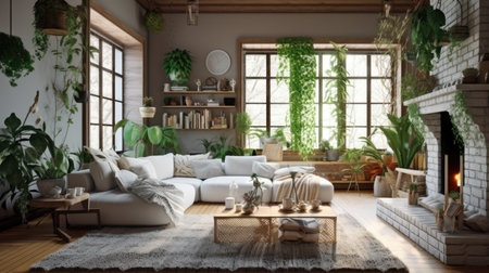Living room decor, home interior design . Scandinavian Bohemian style with Fireplace decorated with Wood and Textile material . Generative AI AIG26.の素材
