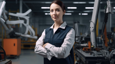 20s engineer woman, smiling face, standing in blur background of smart factory with robotic arms. Generative AI AIG20.の素材