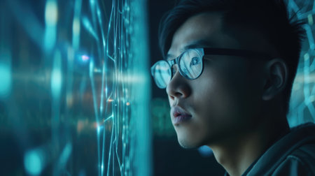 Young asian male with wonder, curiosity, looking at holographic digital display, futuristic technology, innovation. Generative AI AIG20.の素材