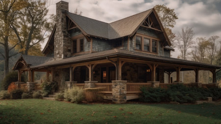 Home architecture design in Farmhouse Style with Wraparound porch constructed by Wood and Metal material. American Farmhouse style. Generative AI AIG25 .の素材