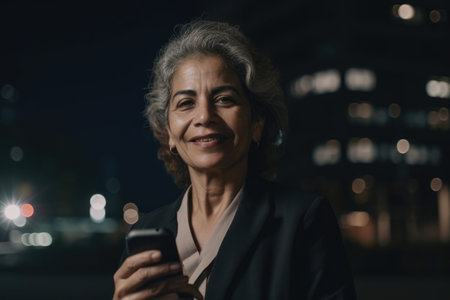 Wide angle shot of a senior mexican hispanic businesswoman executive using mobile phone with background of modern office buildings at night. Generative AI AIG18.の素材