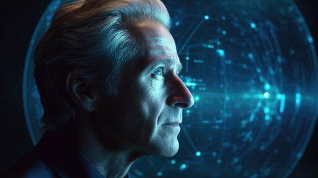 Mature blonde male with wonder, curiosity, looking at holographic digital display, futuristic technology, innovation. Generative AI AIG20.の素材