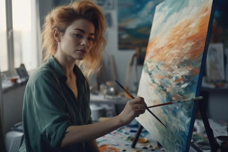 A woman art director is painting in her studio in the vibrant airy scenes. Generative AI AIG21.の素材