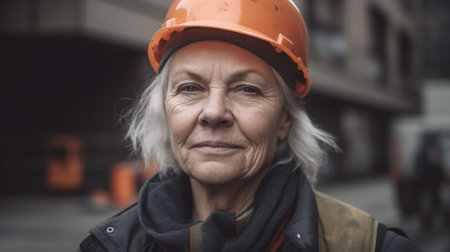 A smiling senior Swedish female construction worker standing in construction site. Generative AI AIG19.の素材