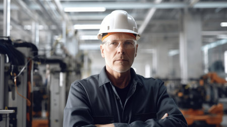 40s engineer, wearing safety uniform, standing in blur background of smart factory with robotic arms. Generative AI AIG20.の素材