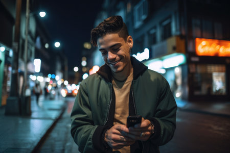 Wide angle shot of a young mexican hispanic man trendy clothes using mobile phone with background of urban city street at night. Generative AI AIG18.の素材