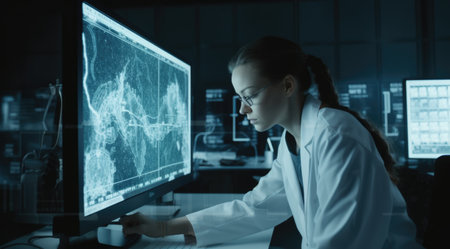 A woman in lab coat checking a sample stock photo in the laboratory. Generative AI AIG21.の素材
