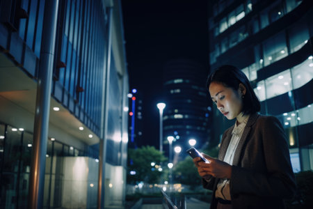 Wide angle shot of a young chinese japanese businesswoman executive using mobile phone with background of modern office buildings at night. Generative AI AIG18.の素材