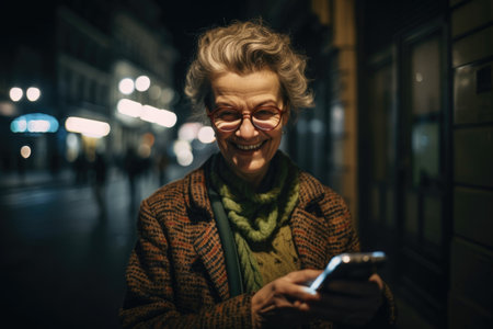 Wide angle shot of a senior caucasian woman trendy clothes using phone. Generative AI AIG18.の素材