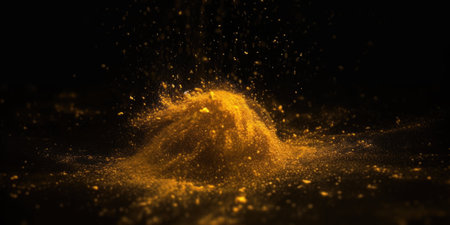 Dust powder of golden glitter on dark background. Generative AI AIG21.の素材