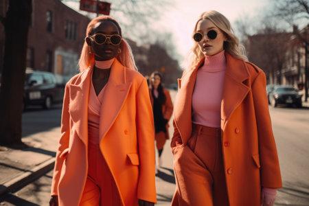 Two women walking in the city street with colorful outfit. generative AI AIG21.の素材