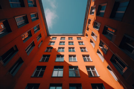 Low angle shot of a unique high rise orange building touching the blue sky. Generative AI AIG21.の素材