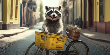 raccoon have fun bicycle ride on sunshine day in summer on town streetの素材