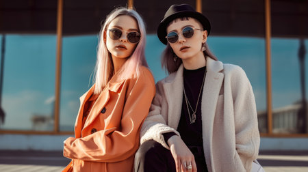 Two cool women wearing very trendy fashionable clothes. Generative AI AIG20.の素材