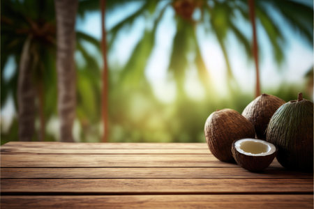 Focus empty wood table with blurred of coconut and palm tree background. Concept of blank space for advertising product with sunrise view. Finest generative AI.の素材