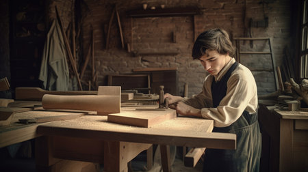 Young man working in furniture workshop with wood planer with determination. Generative AI AIG21.の素材