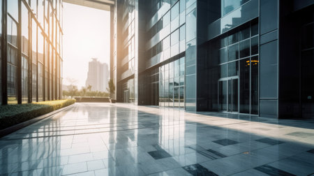 Empty floor front of modern building with sunlight. Generative AI AIG21.の素材