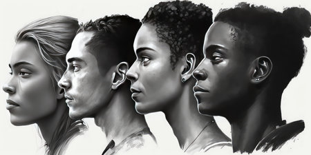 Face portrait of diverse people together looking straight. Multiracial concept. distinct generative AI image.の素材