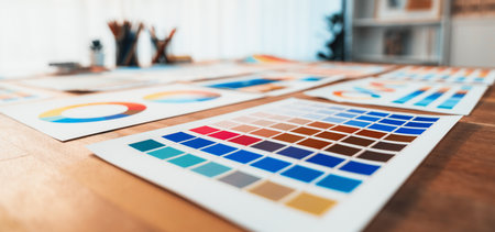 Panorama shot of various color palette idea papers arranged neatly on workspace table for graphic design concept. Color swatches and selection for unique digital art design. Scrutinizeの写真素材