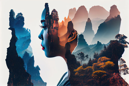Double exposure face of Asian woman with Zhang jia jie mountain. distinct generative AI image.の素材