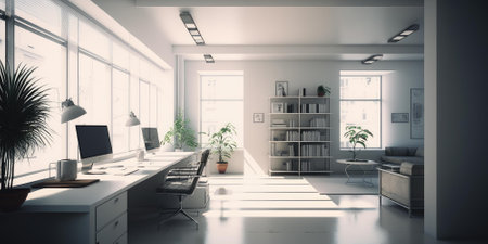 White and bright office workplace interior design. superlative generative AI image.の素材