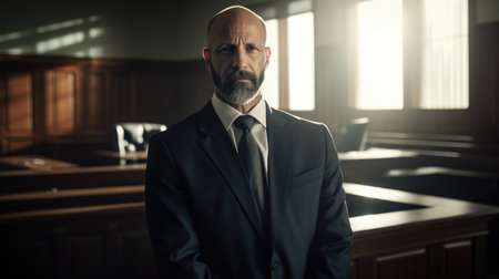 Lawyer Male Caucasian Middle-aged Presenting his case in a courtroom in Courtroom. Generative AI AIG22.の素材
