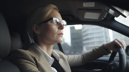 CEO Female Caucasian Mature Practicing a speech for an upcoming conference in a parked car. Generative AI AIG22.の素材