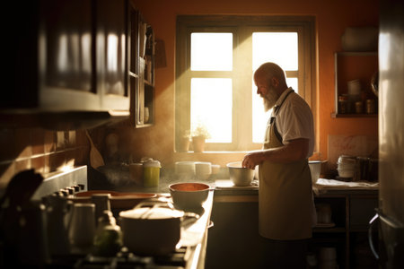 Male Caucasian middle aged cooking in kitchen apron chef uniform. Generative AI AIG23.の素材