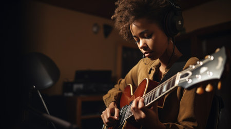 Musician Female African-American Young Adult Playing guitar in Recording studio. Generative AI AIG22.の素材