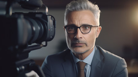 Journalist Male Caucasian 50s Conducting an interview in Newsroom. Generative AI AIG22.の素材