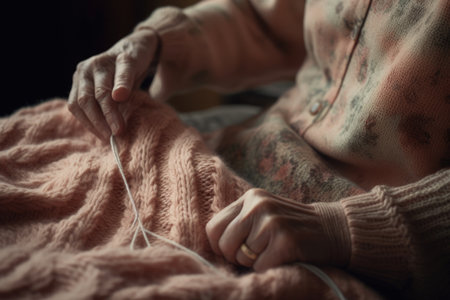 Female Caucasian senior knitting cozy sweater warmth living room. Generative AI AIG23.の素材