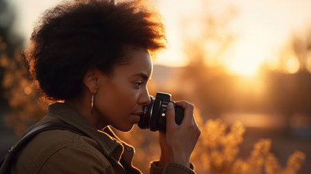 Photographer Female African-American 50s Taking photos on location in Outdoor location. Generative AI AIG22.の素材