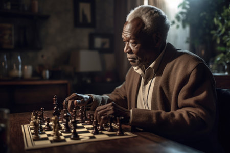 Male African elderly playing chess in living room activity. Generative AI AIG23.の素材
