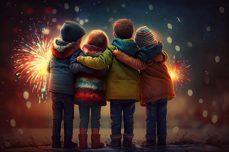 hugging happiness kids student group while fireworks coloring the sky. Glorious Generative AI.の素材