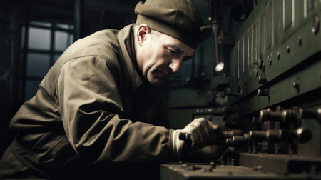 Industrial Worker Male Caucasian Middle-Aged Operating heavy machinery in a manufacturing plant, producing industrial goods in Factory. Generative AI AIG22.の素材