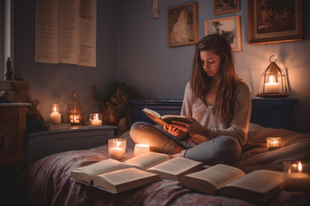 Female Caucasian teenager reading books in living room casual relaxing. Generative AI AIG23.の素材