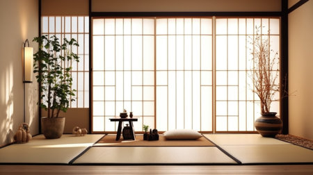 Bedroom decor, home interior design . Japanese Zen style with Tatami Mat decorated with Bamboo and Paper material . Generative AI AIG26.の素材