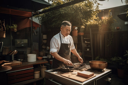 Male Asian adult cooking outdoor kitchen stove. Generative AI AIG23.の素材