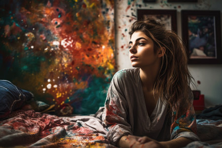 Female Middle Eastern teenager painting art studio artist apron picture drawing. Generative AI AIG23.の素材