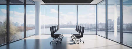 Conference room with meeting table, reflective floor, window with mountain and lake view. Generative AI AIG18.の素材