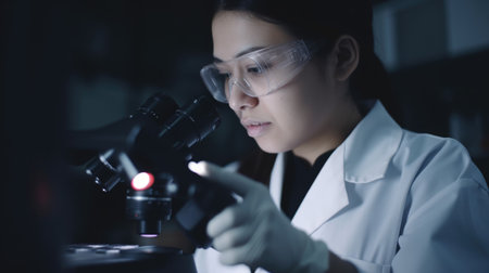 A female biomedical scientist with white gown working in laboratory with determination. Generative AI AIG21.の素材