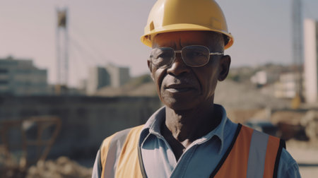 Senior male African civil engineer with determined face at construction site. Generative AI AIG21.の素材