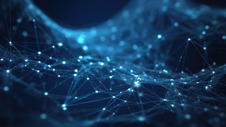 Blue abstract background with a network grid and particles connected. Generative AI AIG21.の素材